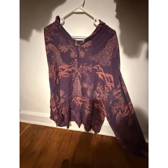 Free People Blouse, Button Down, Oversized, Peacock Print, Purple, Size Small - Picture 2 of 10